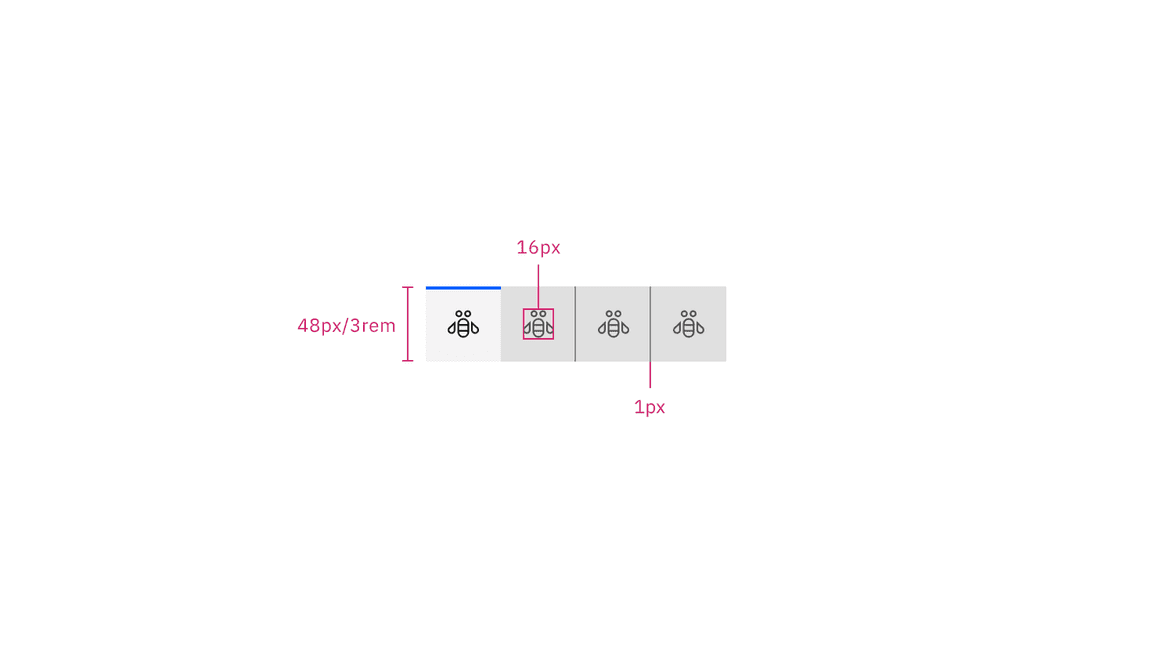 Structure and spacing measurements for icon-only contained tabs in px and
rem