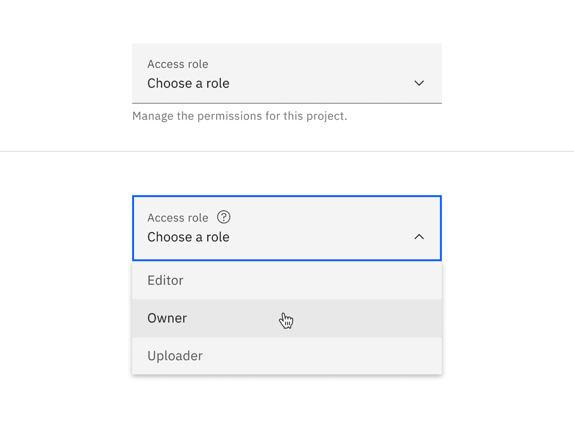 Fluid dropdown closed and open state.